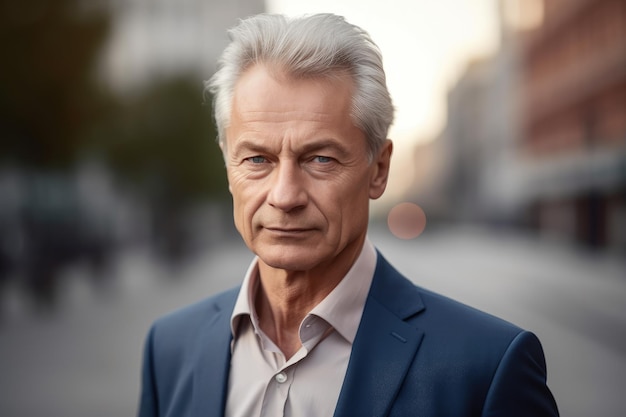 A man in a blue suit stands in the street.