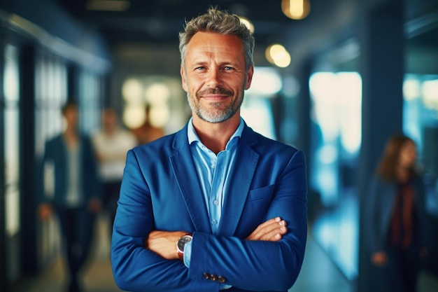 A man in a blue suit stands with his arms crossed.