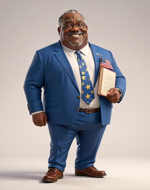 a man in a blue suit and tie holding a book