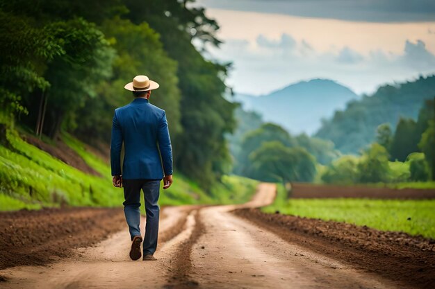 Photo a man in a blue suit walks down a dirt road