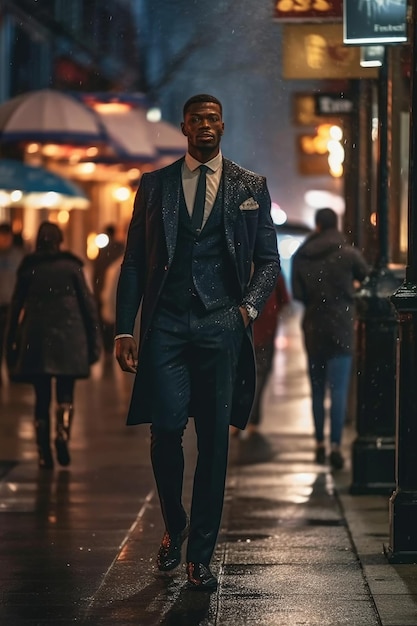 A man in a blue suit walks down a street in the rain