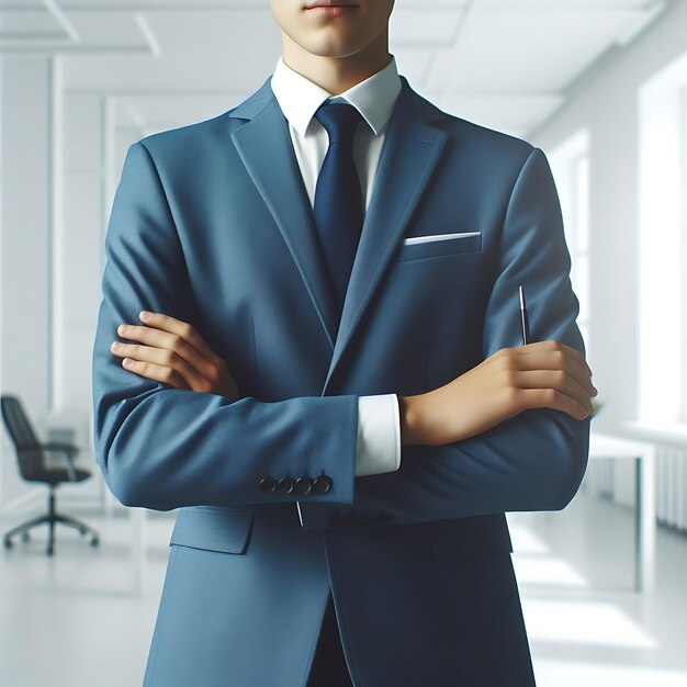 Photo a man in a blue suit with his arms crossed