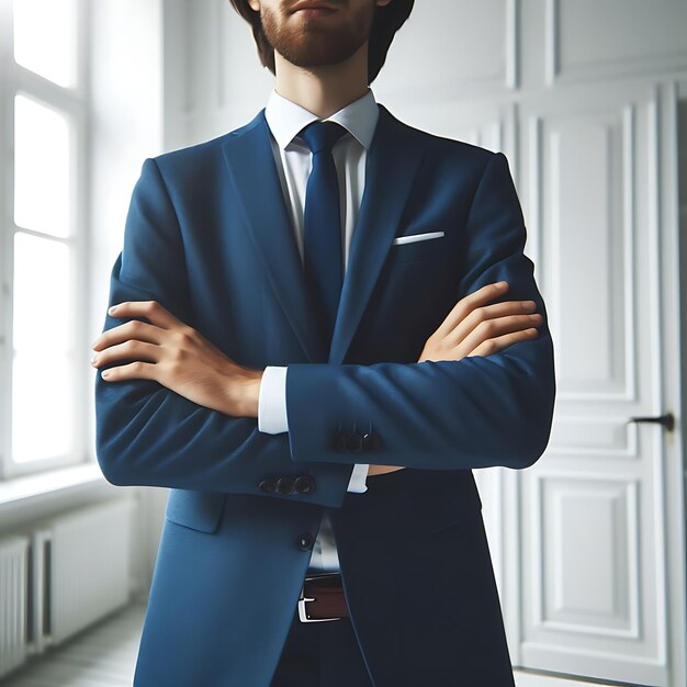 Photo a man in a blue suit with his arms crossed