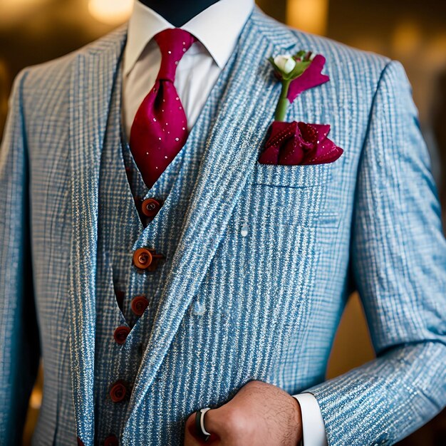 A man in a blue suit with a red tie and a white shirt.