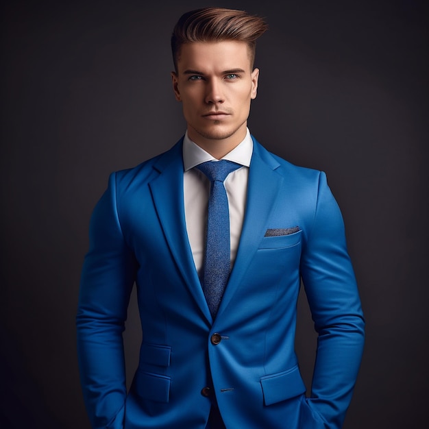 a man in a blue suit with a tie that says " he is wearing a shirt. "