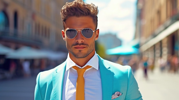 A man in a blue suit and yellow tie stands in a street.