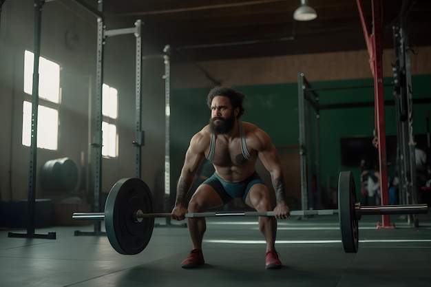 A man in a blue swimsuit lifts a barbell in a gym.