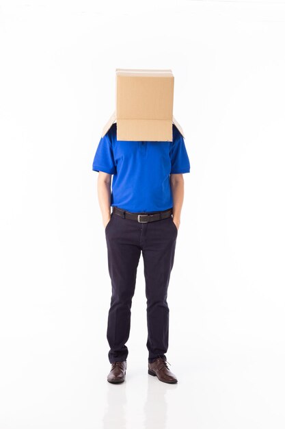 Man in a blue Tshirt with a cardboard box on his head makes a gesture with his hands