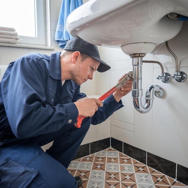 a man in a blue uniform is using a wrench