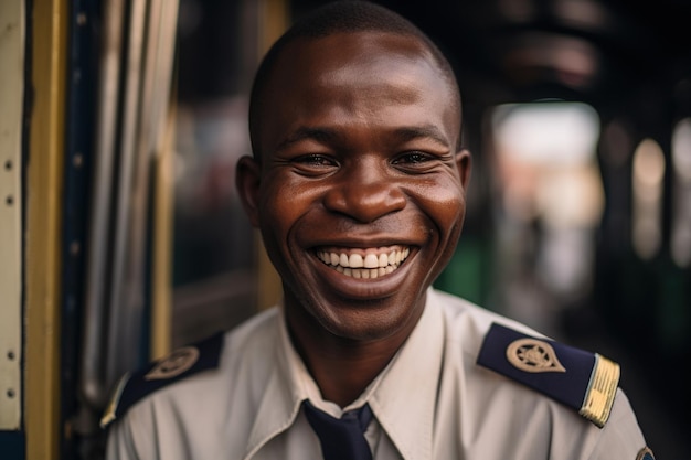 A man in a blue uniform smiles at the camera.