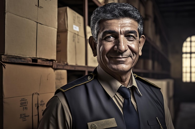 A man in a blue uniform stands in front of boxes