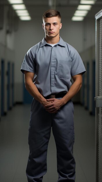 Foto un uomo in uniforme blu si trova in un corridoio con le mani sui fianchi