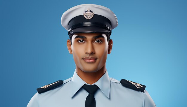 a man in a blue uniform with a blue background