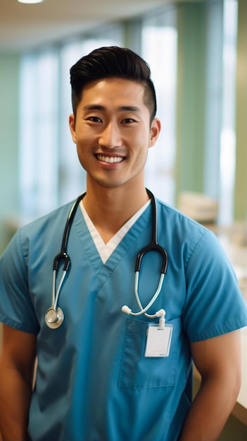 Photo a man in a blue uniform with a stethoscope on his chest