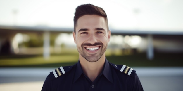 A man in a blue uniform with the words pilot on the front