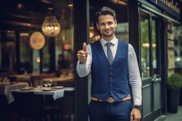 A man in a blue vest and blue vest gives a thumbs up in front of a restaurant.