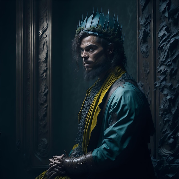 Photo a man in a blue and yellow robe with a crown on his head.