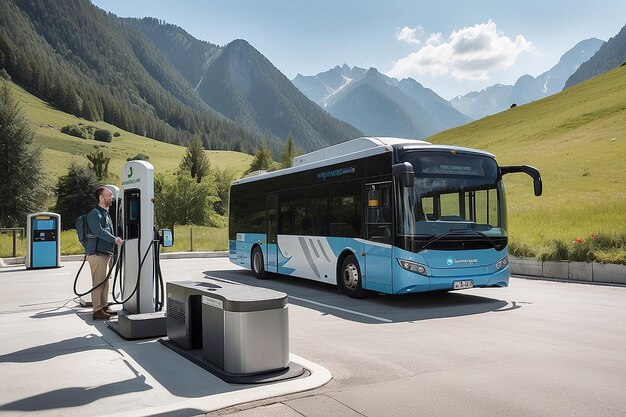 Man boarding bus at electric charging station in mountains