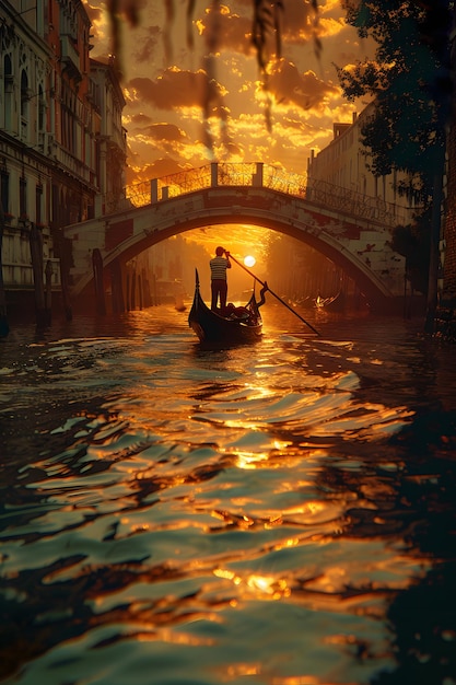 Man in boat at dusk on canal in gondola with sunlight reflecting on water