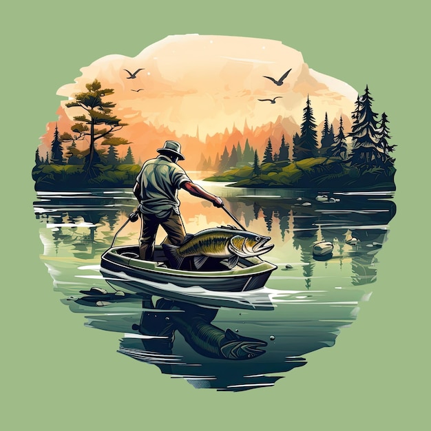 緑の背景に映る湖のボートに乗った魚の男