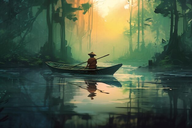 A man in a boat in a forest