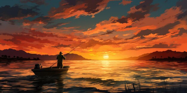 A man in a boat is fishing on the lake sunset The theme of fishing Generative AI