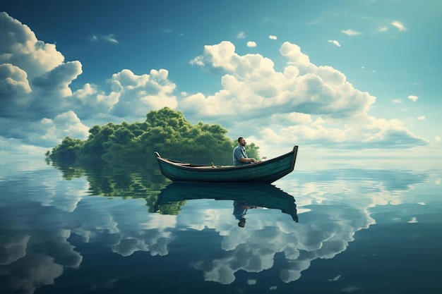 a man in a boat is floating on the water with a reflection of a man in a boat