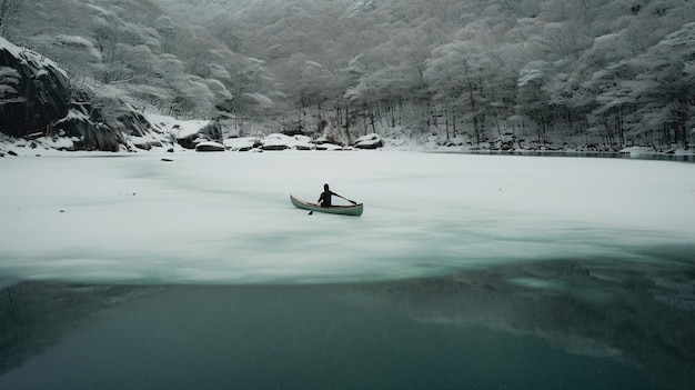 ボートに乗った男が雪の凍った湖の上にいます。