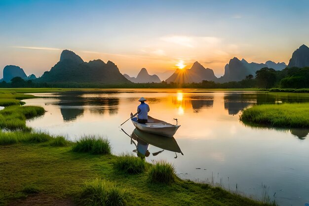 a man in a boat is rowing on a lake at sunset