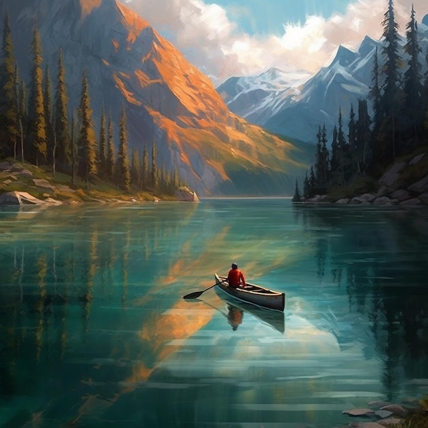 배경에 산이 있는 호수에서 배를 타고 rowing하는 남자.