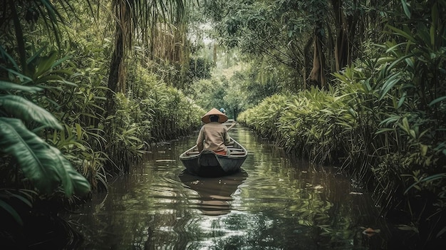 A man in a boat in a jungle