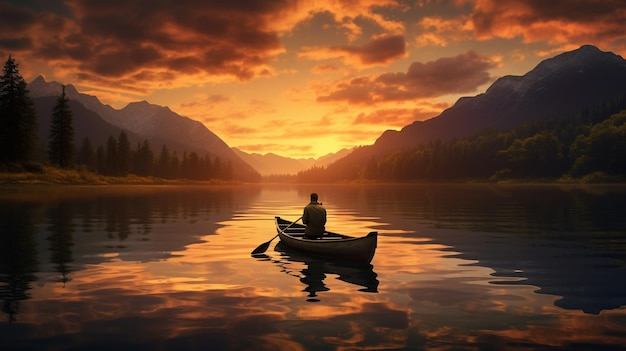 A man in a boat on a lake at sunset