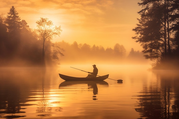 A man in a boat on a lake at sunset