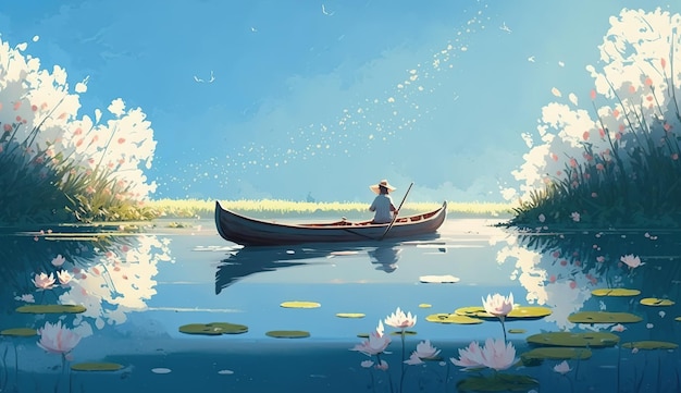 A man in a boat on a lake