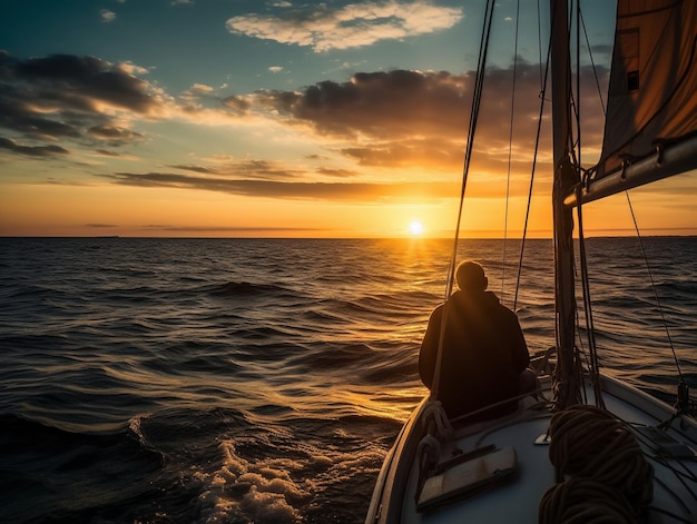 A man on a boat looking at the sunset