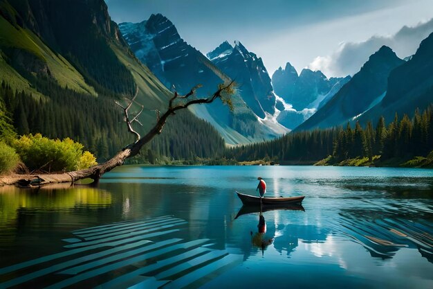 A man in a boat in a mountain lake