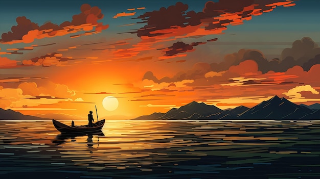 A man in a boat on the ocean at sunset with a city in the backgr