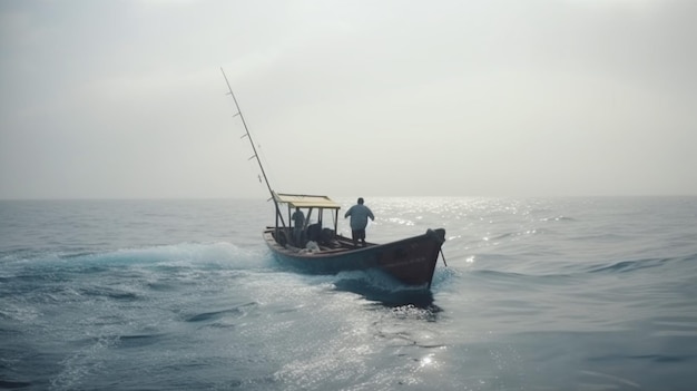 水に太陽が輝いている海でボートに乗っている男。