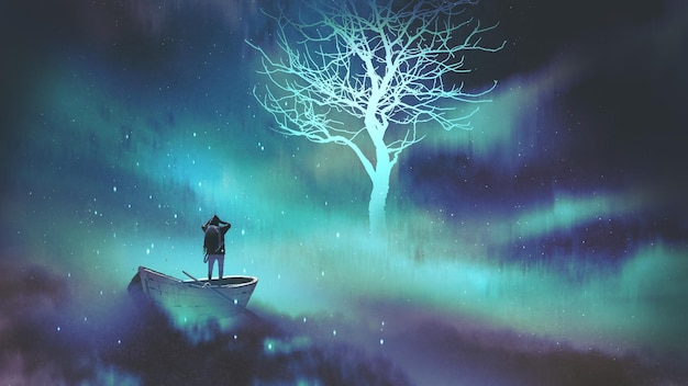 man on a boat in the outer space with clouds looking at glowing tree with stars, digital art style, illustration painting