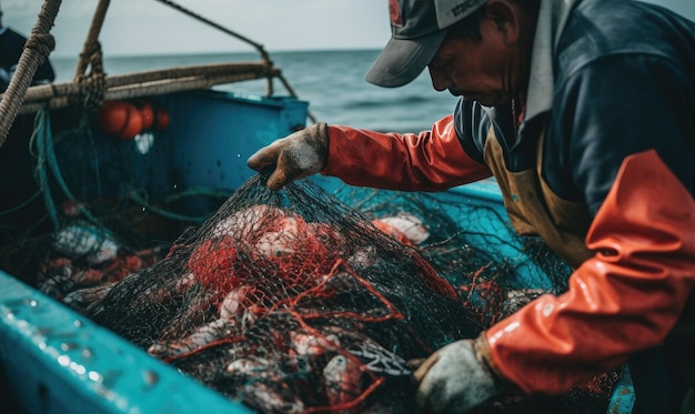 A man on a boat pulling a fishing net