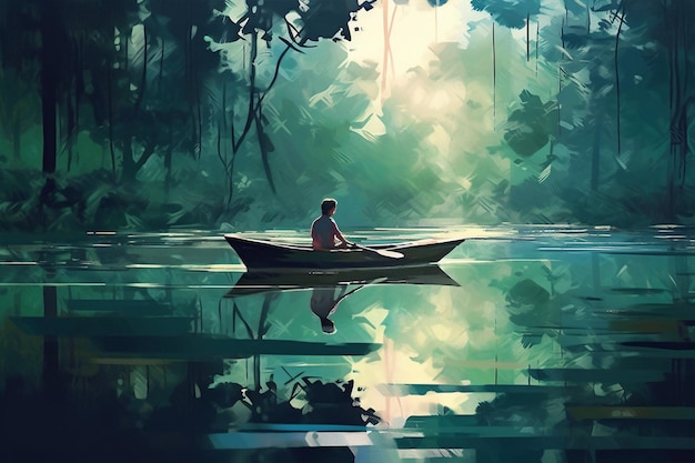 A man in a boat on a river