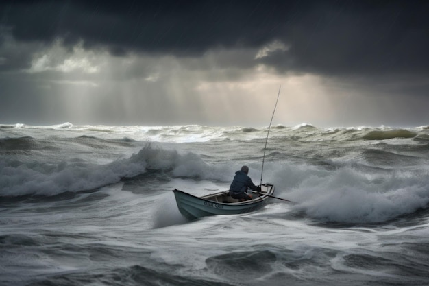 Foto un uomo su una barca in un oceano in tempesta