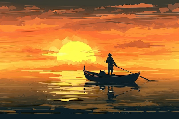 Man in a boat at sunset admiring the scenic view created with Generative AI technology