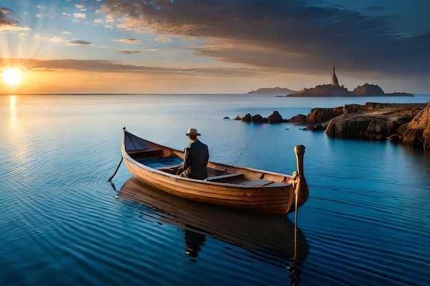 A man in a boat in the water with the statue of liberty in the background