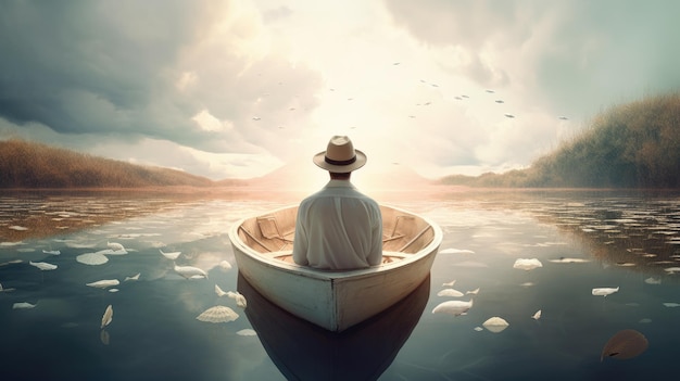 Man in a boat on the water with the sun shining on the water