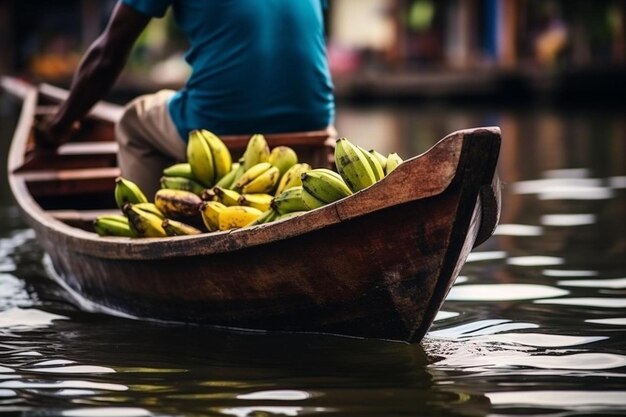 Photo a man in a boat with bananas in the water