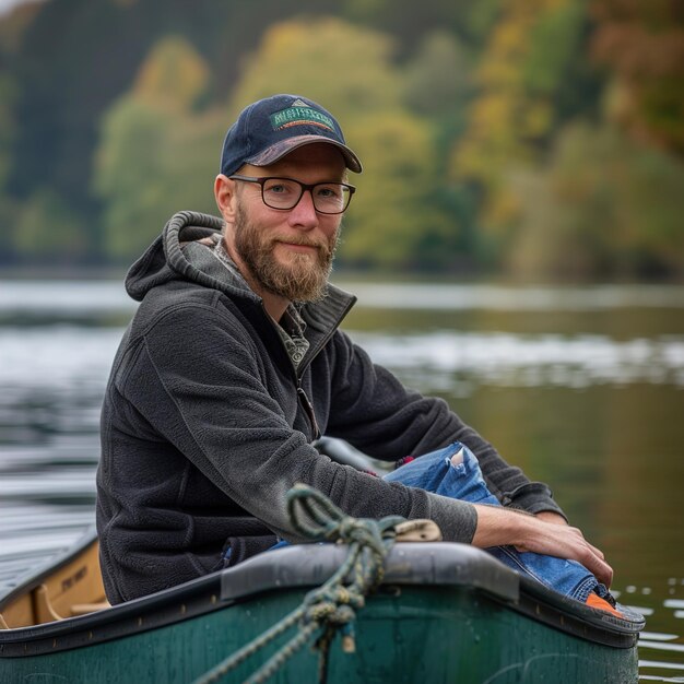 Photo a man in a boat with a hat that says  a  on it