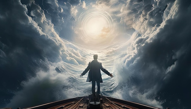 мужчина на лодке с протянутой рукой к океану в стиле эзотерической символики