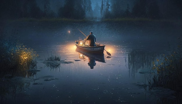 A man in a boat with a lantern on the water