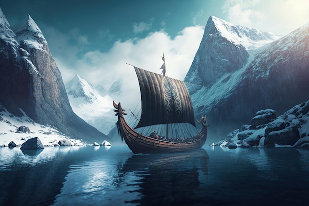 A man on a boat with a viking ship in the background